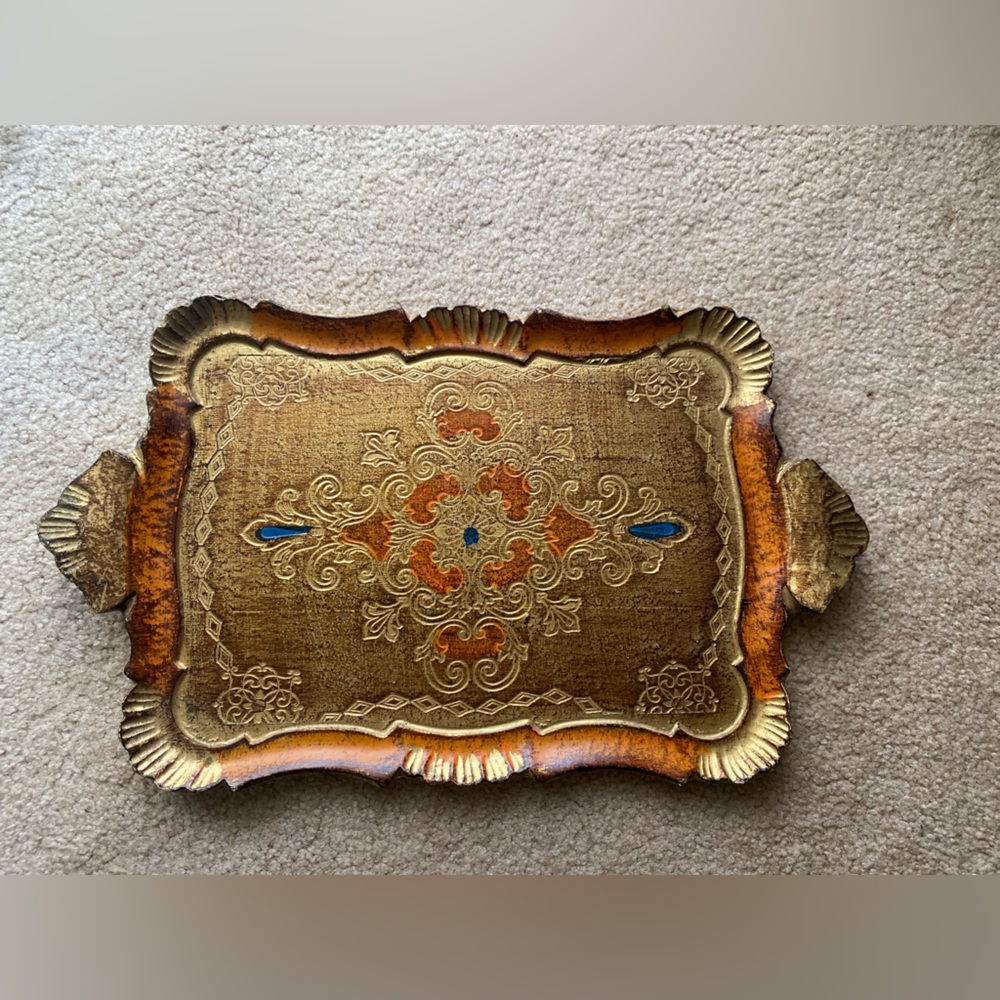 Vintage wood Florentine gilded ornate hand painted serving tray with handles